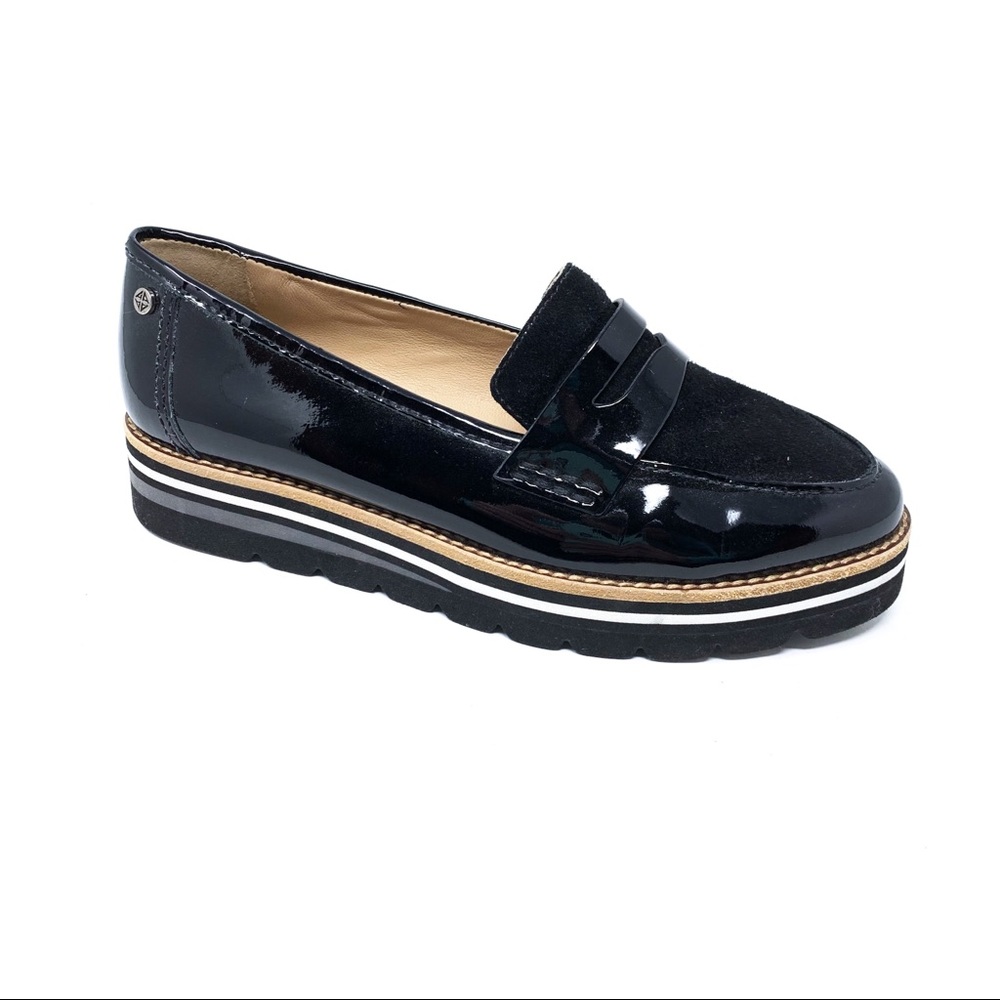 Antonio Melani Bradlie Size 6 Black Patent Leather Suede Platform Penny Loafer